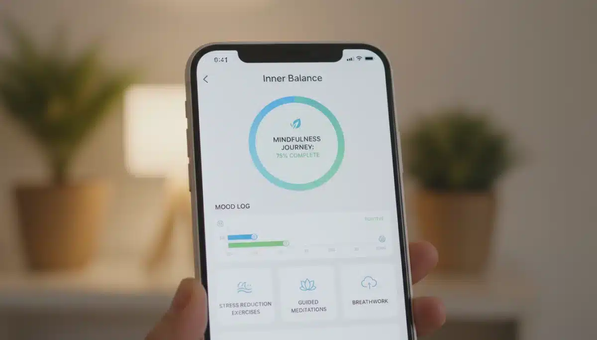Smartphone screen showing mental wellness app interface with progress tracking and mood log