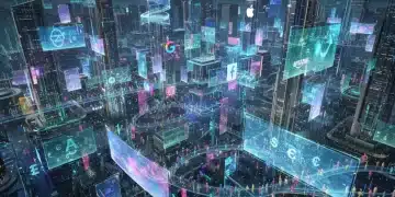 Futuristic digital city with holographic ads and avatars representing the metaverse economy