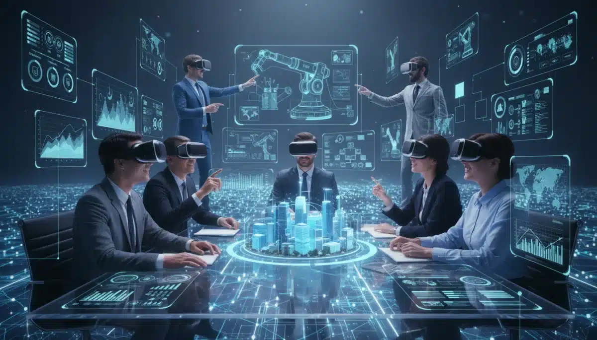 Professionals collaborating in a virtual reality meeting space in the metaverse
