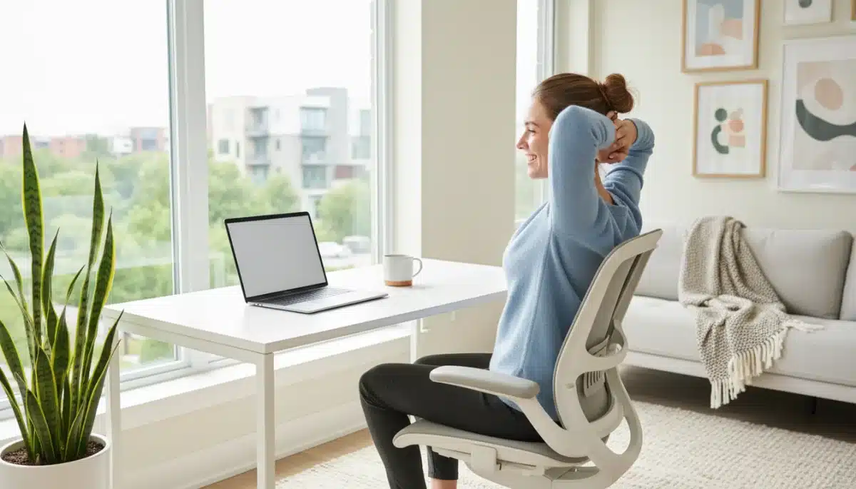 Person taking a mindful break from screen time in an organized home office