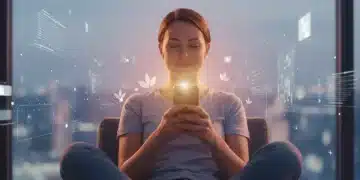 Person practicing mindful scrolling with a smartphone, serene expression