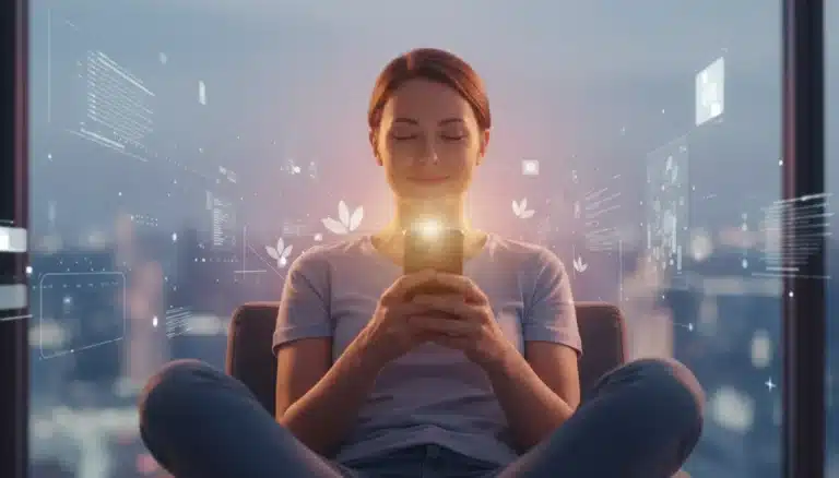 Person practicing mindful scrolling with a smartphone, serene expression