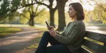 American practicing mindful tech use outdoors, calm and reflective
