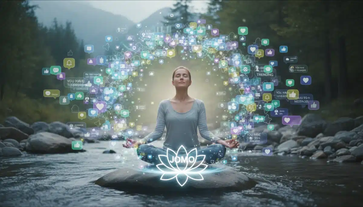 Meditating person surrounded by digital noise, finding peace with JOMO.