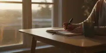 Person writing in a notebook during morning light