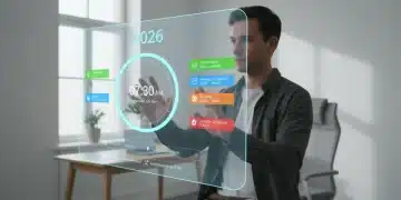 Pessoa organizando tarefas em um relógio digital futurista para otimizar o tempo em 2026.