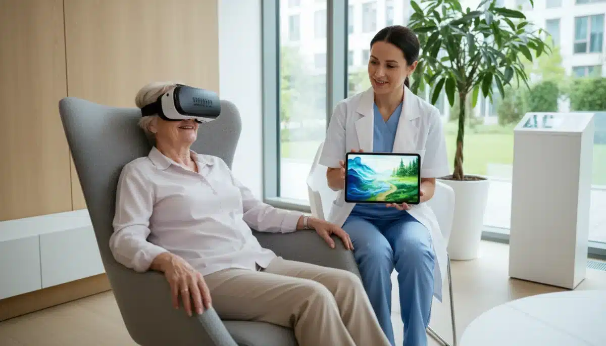 Patient experiencing VR pain relief with healthcare professional monitoring