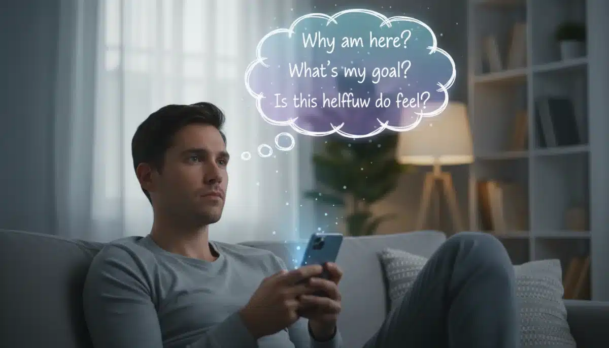 Person pausing to reflect on social media use with thought bubbles