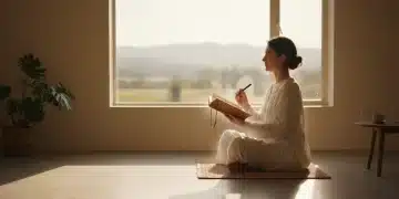 Person reflecting with journal in a peaceful, sunlit room