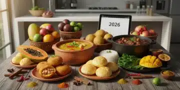 Mesa farta com pratos típicos da culinária regional brasileira, destacando a diversidade de sabores e cores para 2026.