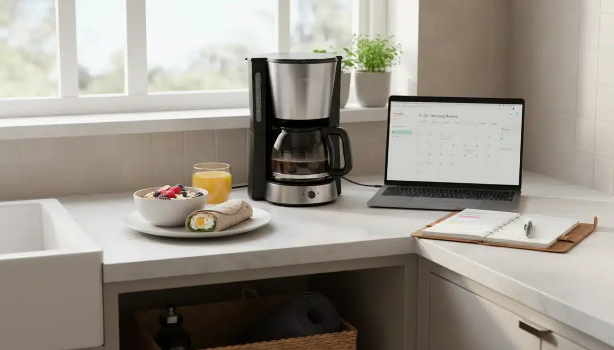 Organized kitchen with prepared breakfast and coffee for an efficient morning