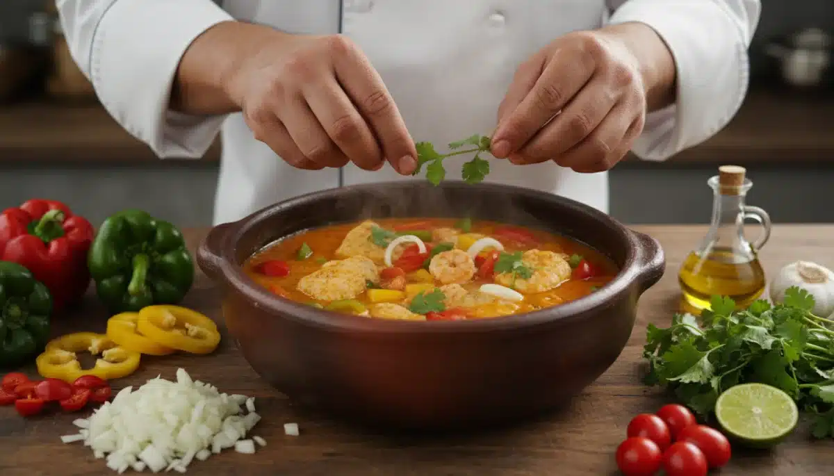 Chef preparando moqueca capixaba em panela de barro, realçando a autenticidade da culinária regional.