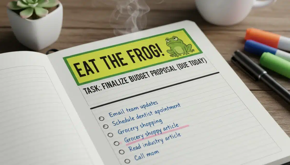 Prioritized to-do list with 'frog' task highlighted at the top