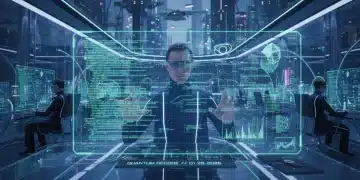 Programador trabalhando em interface holográfica futurista, simbolizando o desenvolvimento de software em 2026.