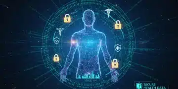 Secure digital health data flow with lock and medical symbols