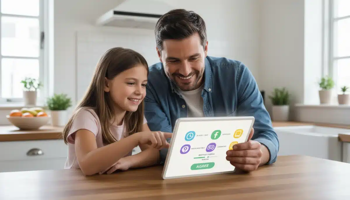 Father and daughter collaboratively setting digital rules on a tablet