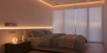 Smart bedroom setup with automated lighting, smart speaker, and thermostat for optimal sleep.
