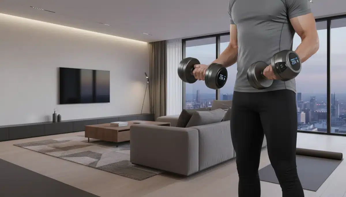 Person using smart dumbbells with real-time data display at home