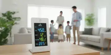 Smart home air quality monitor displaying real-time data in a modern living room setting