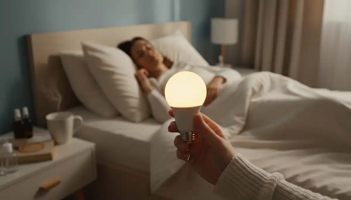 Hand holding a smart light bulb emitting a warm, amber glow, enhancing sleep environment.