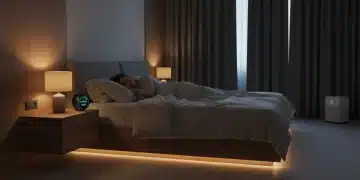 Pessoa dormindo tranquilamente em um quarto moderno com tecnologia inteligente e luz suave.
