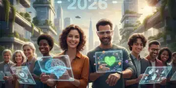 People using digital tools for well-being in a futuristic setting