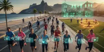 Atletas amadores no Brasil interagindo com tecnologias inovadoras em diversas modalidades esportivas, refletindo a visão 2026 do esporte.