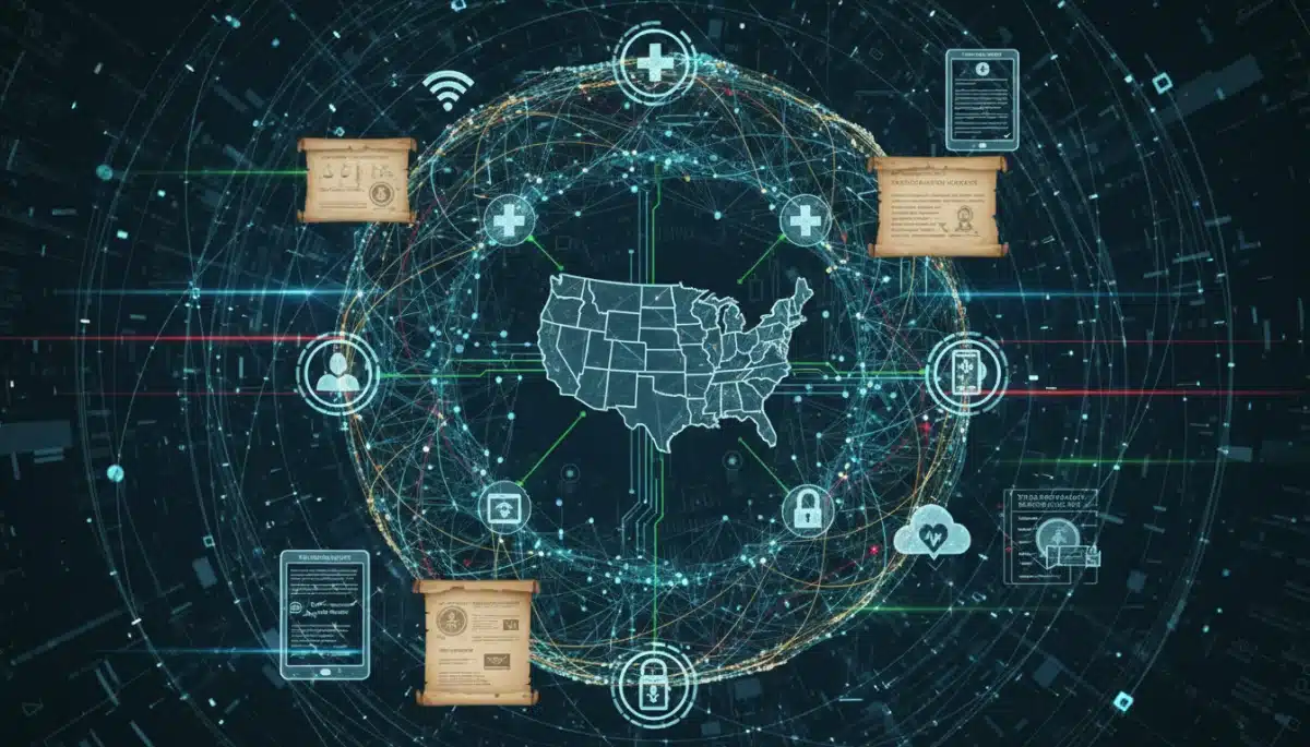 Interconnected digital network representing telehealth policy and infrastructure