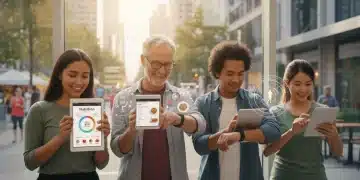 Diverse individuals using personalized nutrition apps on their devices in the United States