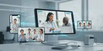 Virtual healthcare landscape with patients and doctors on screens