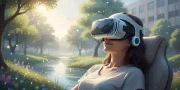 Futuristic virtual reality headset for pain therapy in a calming digital environment