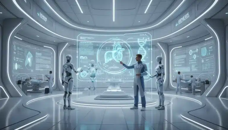 Futuristic hospital with AI-powered diagnostic tools enhancing medical imaging and data analysis.