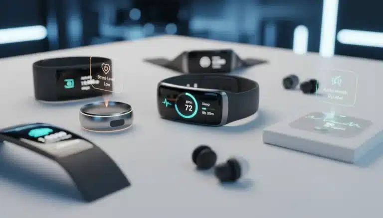 Futuristic AI health wearables displaying data