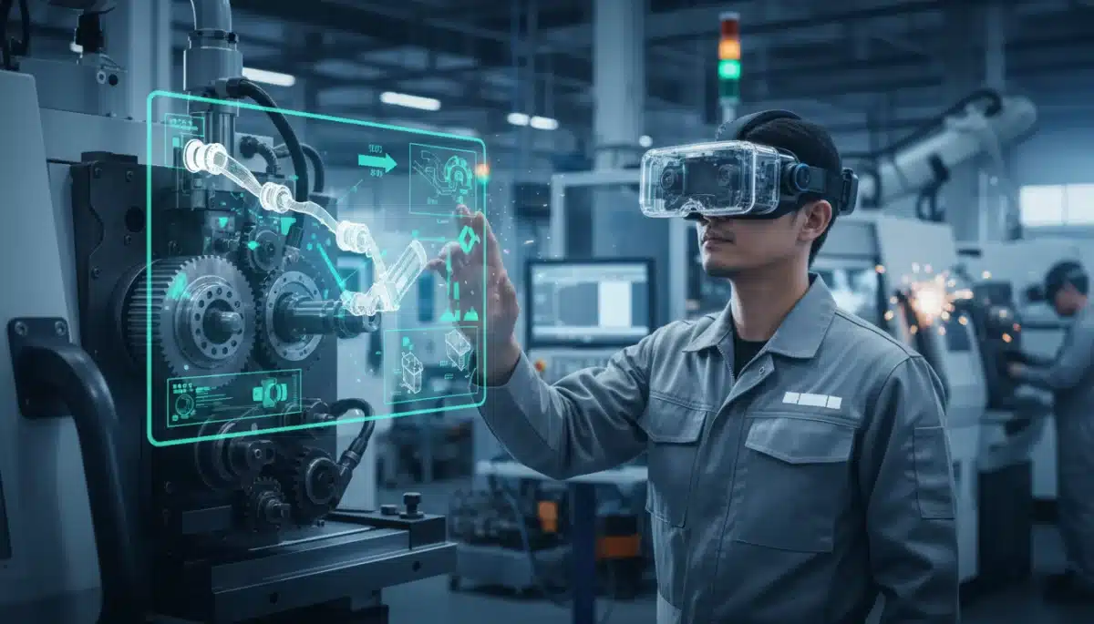 Factory technician using an augmented reality headset for real-time maintenance and training on industrial machinery.