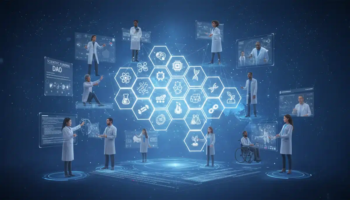 DAO for scientific funding, interconnected researchers collaborating virtually