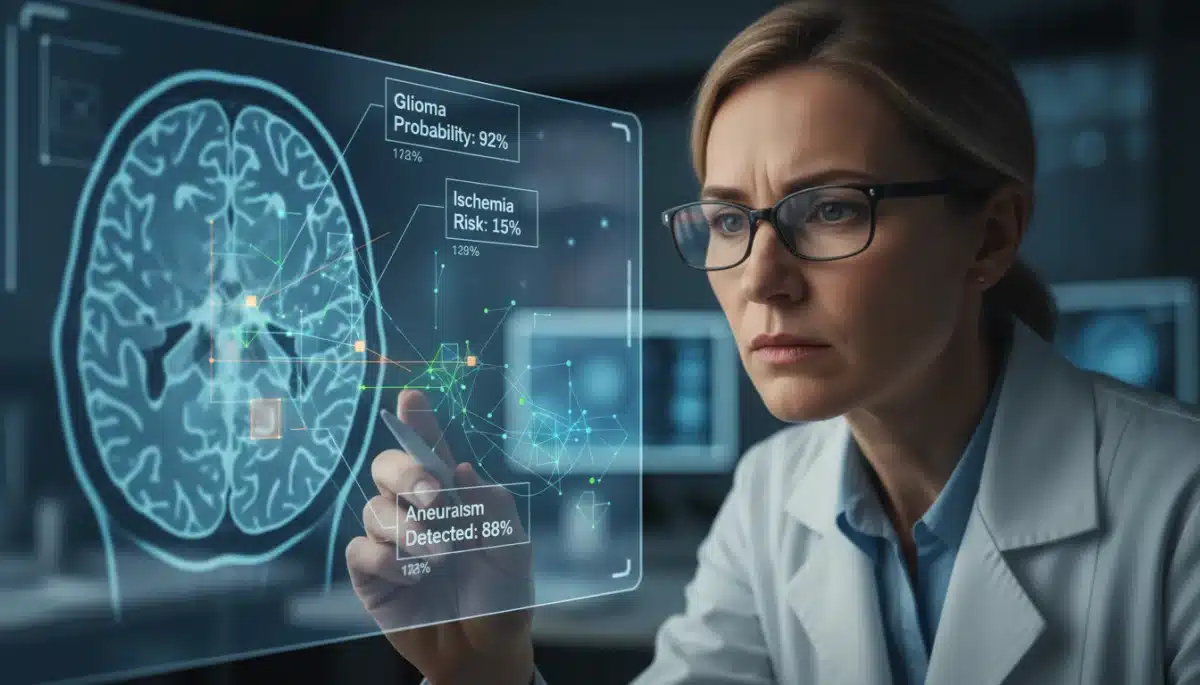 Doctor analyzing AI-enhanced medical scan for disease detection.