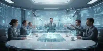 Executives interacting with holographic projections in a futuristic boardroom using immersive AR/VR technology for enterprise collaboration.