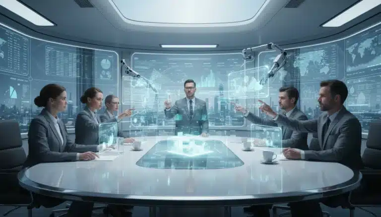 Executives interacting with holographic projections in a futuristic boardroom using immersive AR/VR technology for enterprise collaboration.