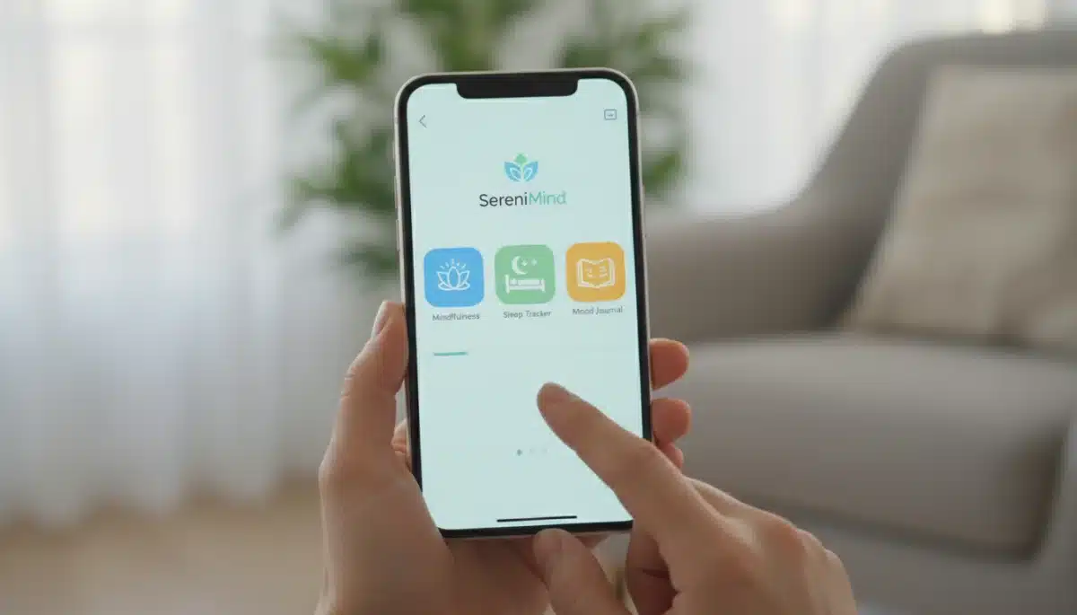 Smartphone displaying a mental wellness app interface with various features