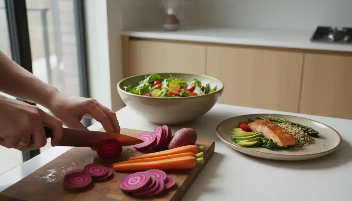 Mindful meal preparation with fresh ingredients in a modern kitchen